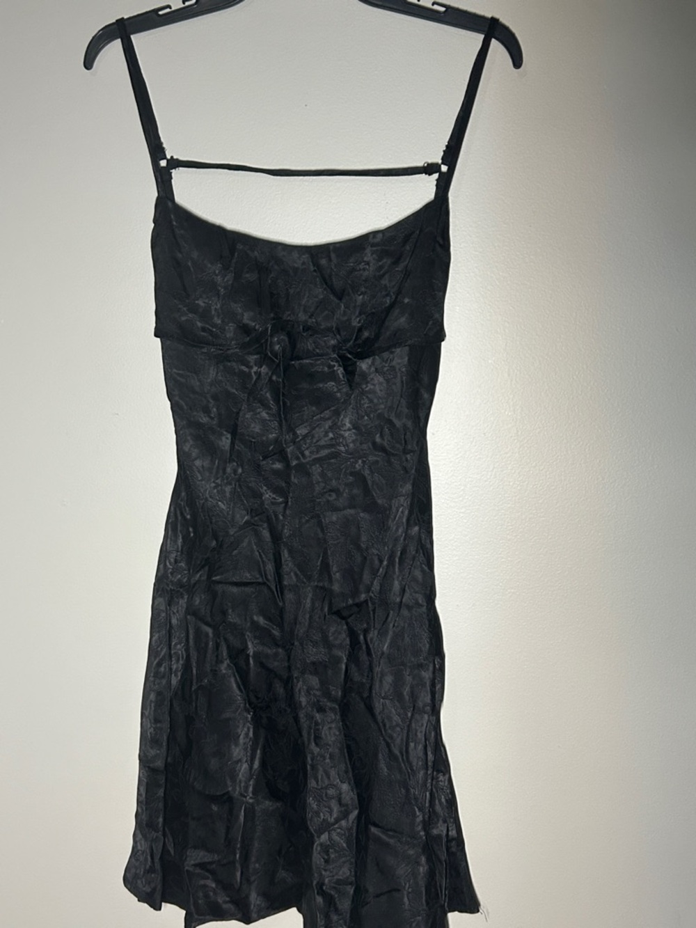 Black Satin w/ Floral leafy design - Spaghetti-Strap Dress